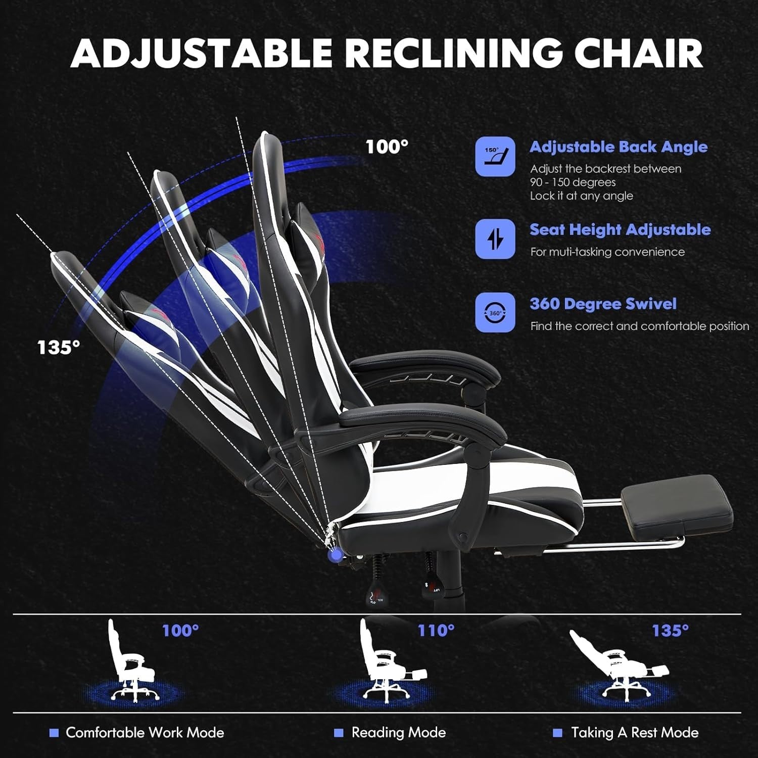 High Back Ergonomic Gaming Chair Swivel Recliner Office Seat Headrest Lumbar Whi