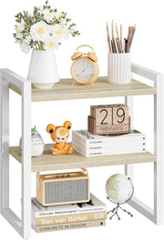 2-Tier White & Natural Desk Shelf Desktop Bookshelf Organizer for Office & Home