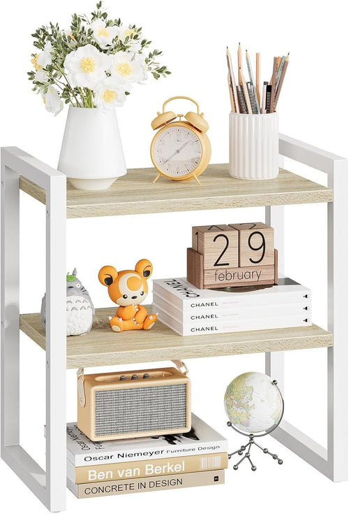 2-Tier White & Natural Desk Shelf Desktop Bookshelf Organizer for Office & Home