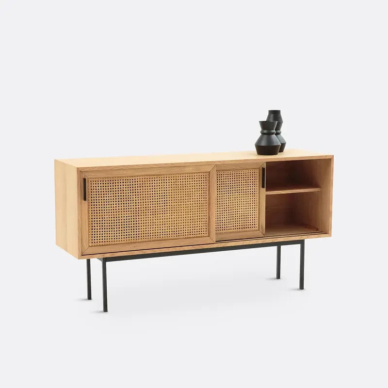 Modern Oak & Rattan Sideboard Cabinet – 160cm Storage Unit with Sliding Doors