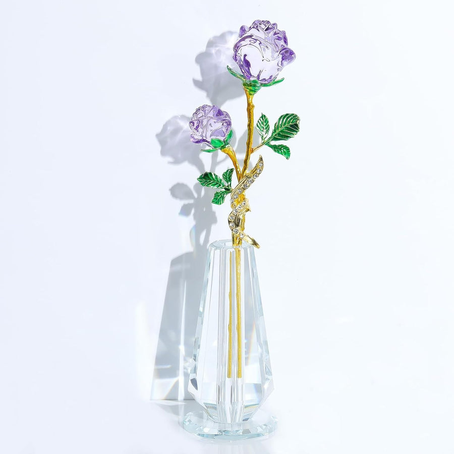 Crystal Purple Rose Ornament with Vase – Luxury Glass Flower Gift for Her Decor