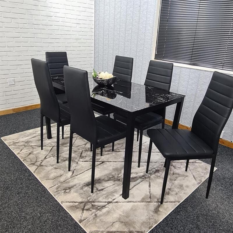 6 Seat Black Marble Effect Glass Dining Table & 6 Chairs Modern Set