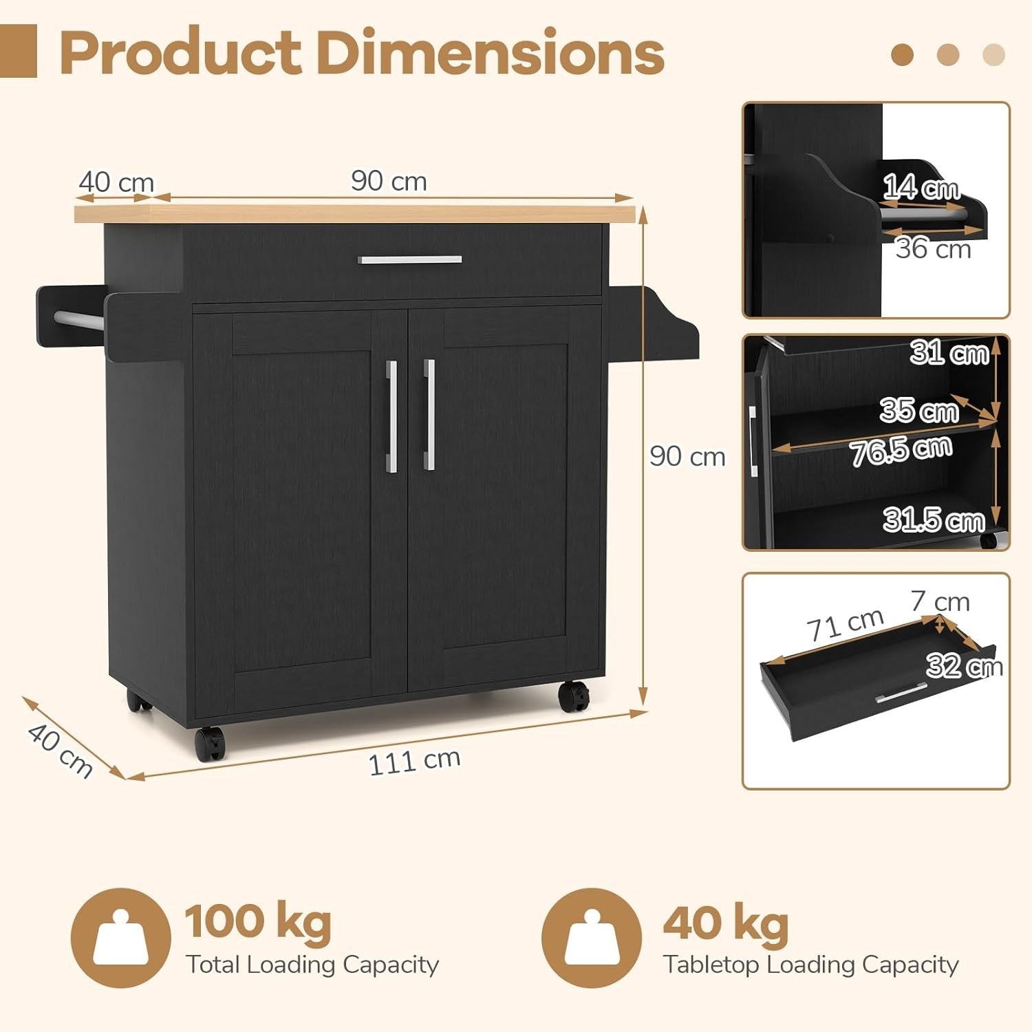 Kitchen Storage Trolley Rolling Island Cabinet Large Drawer Cupboard Cart