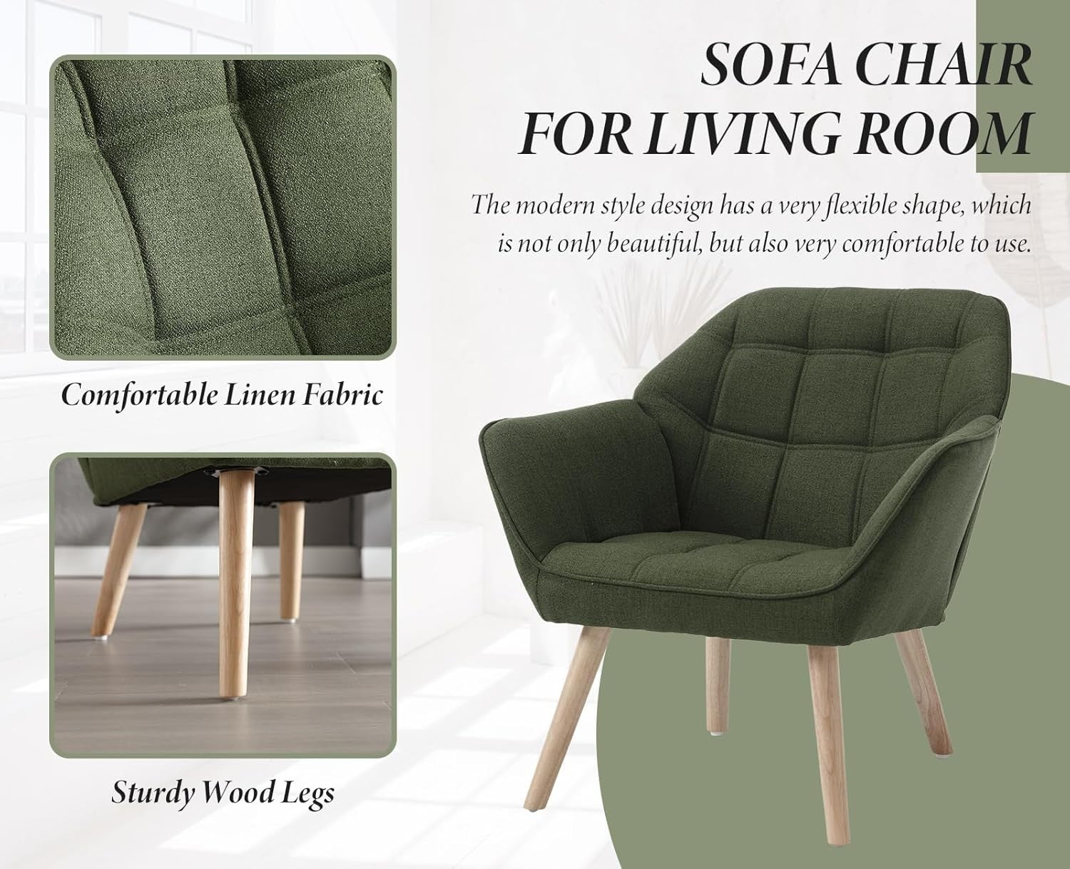 Linen Accent Armchair Green Upholstered Tub Chair Wood Legs