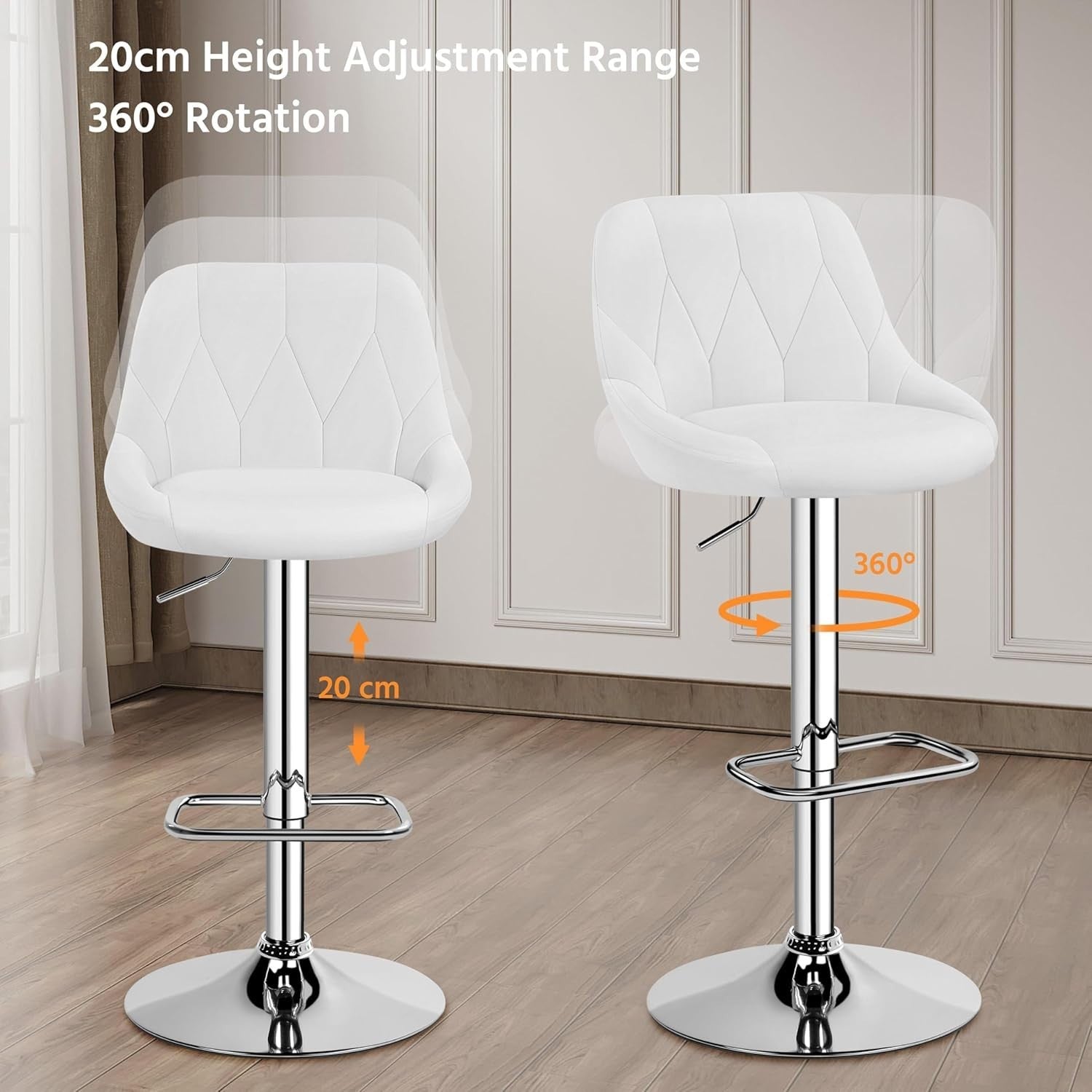Adjustable Swivel Bar Stools with Backrest & Footrest – White