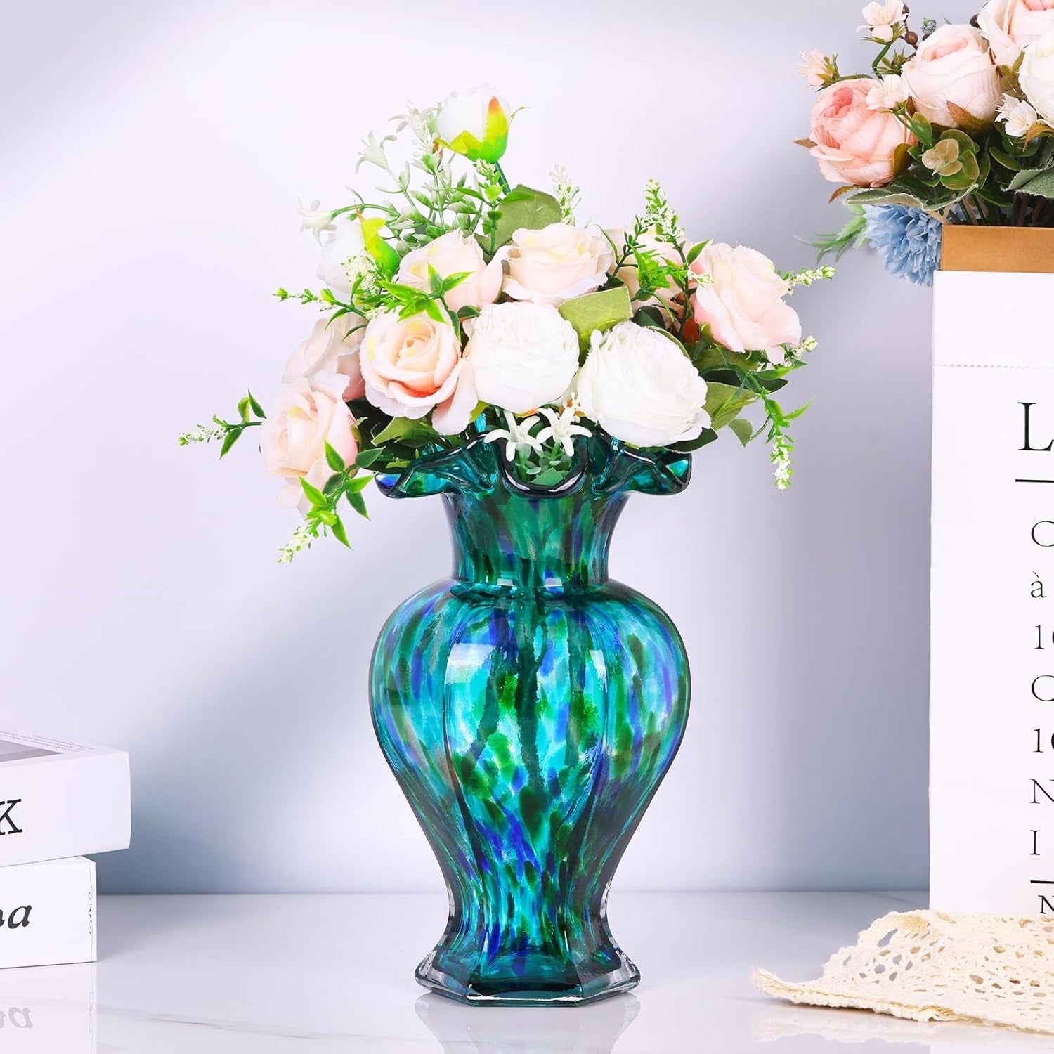 Hand Blown Teal Blue Glass Vase 24cm Tall Art Centerpiece Table Decor
