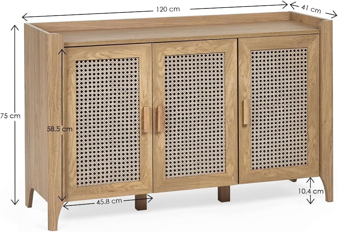 Bohemian Oak Sideboard 3 Doors Storage Cabinet with Shelving for Living Room