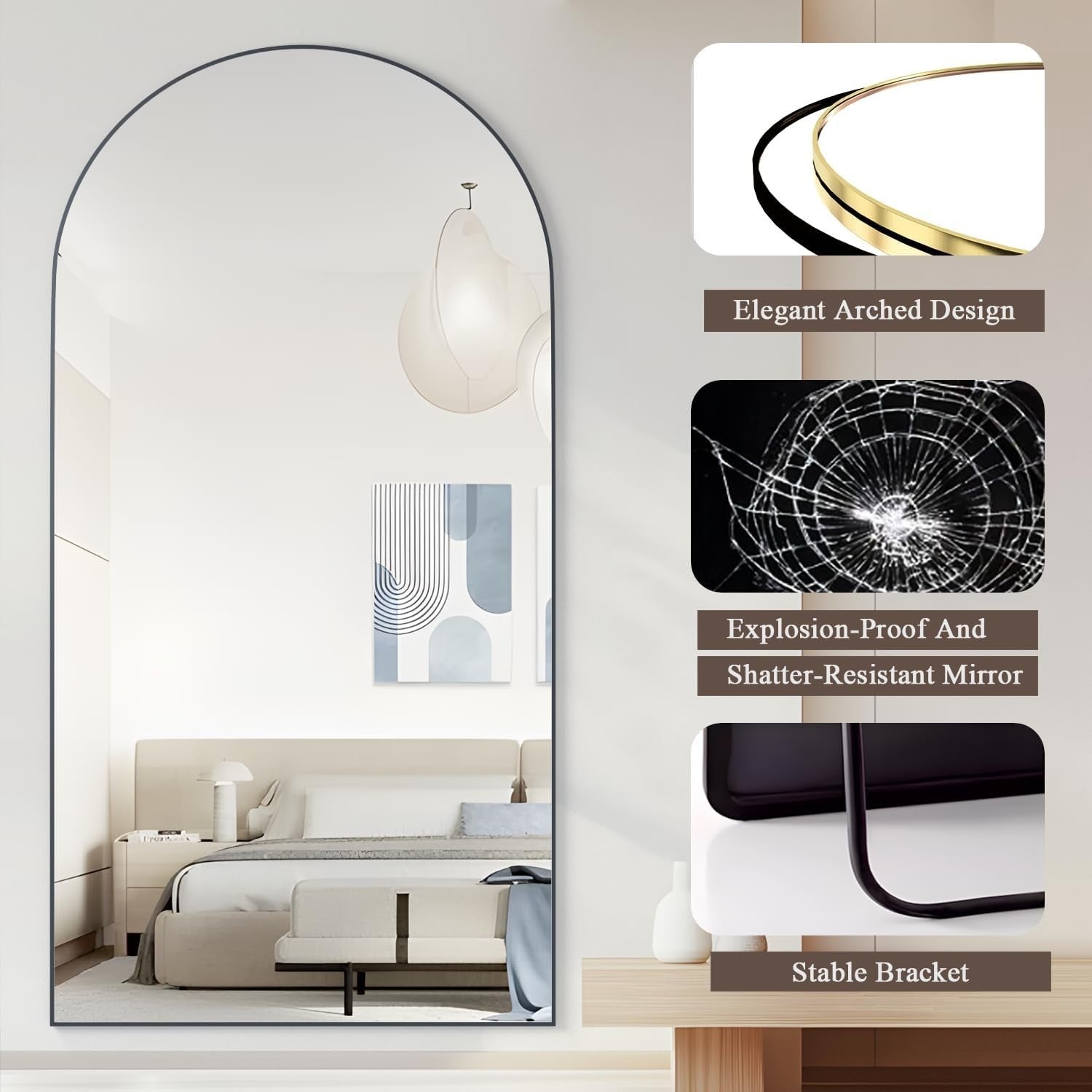 Large Arched Full Length Mirror 180x80cm Black Frame Wall or Floor Use
