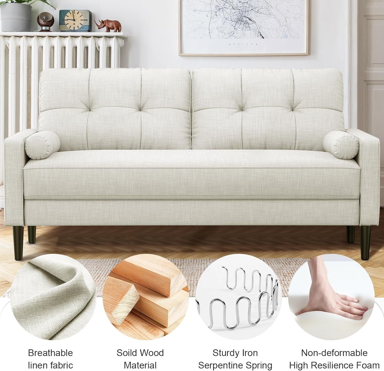 Modern Linen 2 Seater Sofa Small Space Couch with Storage & Cushions Beige