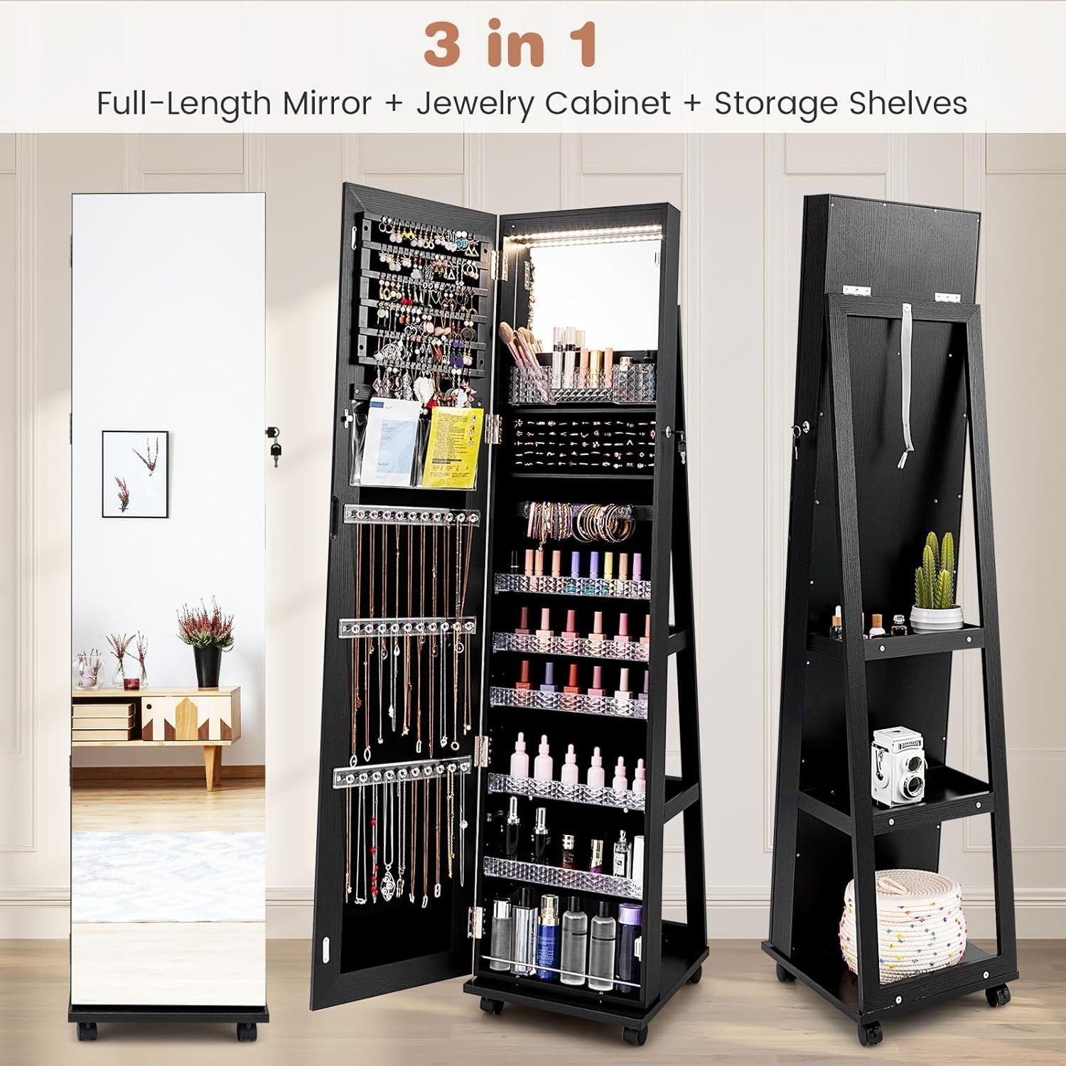 360° Swivel Jewelry Armoire LED Mirror Lockable Storage on Wheels Black