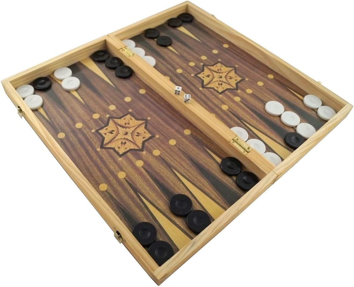 Large Wooden Backgammon Set 40x40cm Folding Board with Chessboard
