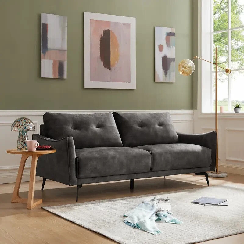 3 Seater Sofa Steel Grey Velvet | Modern Tufted Couch | Metal Legs UK