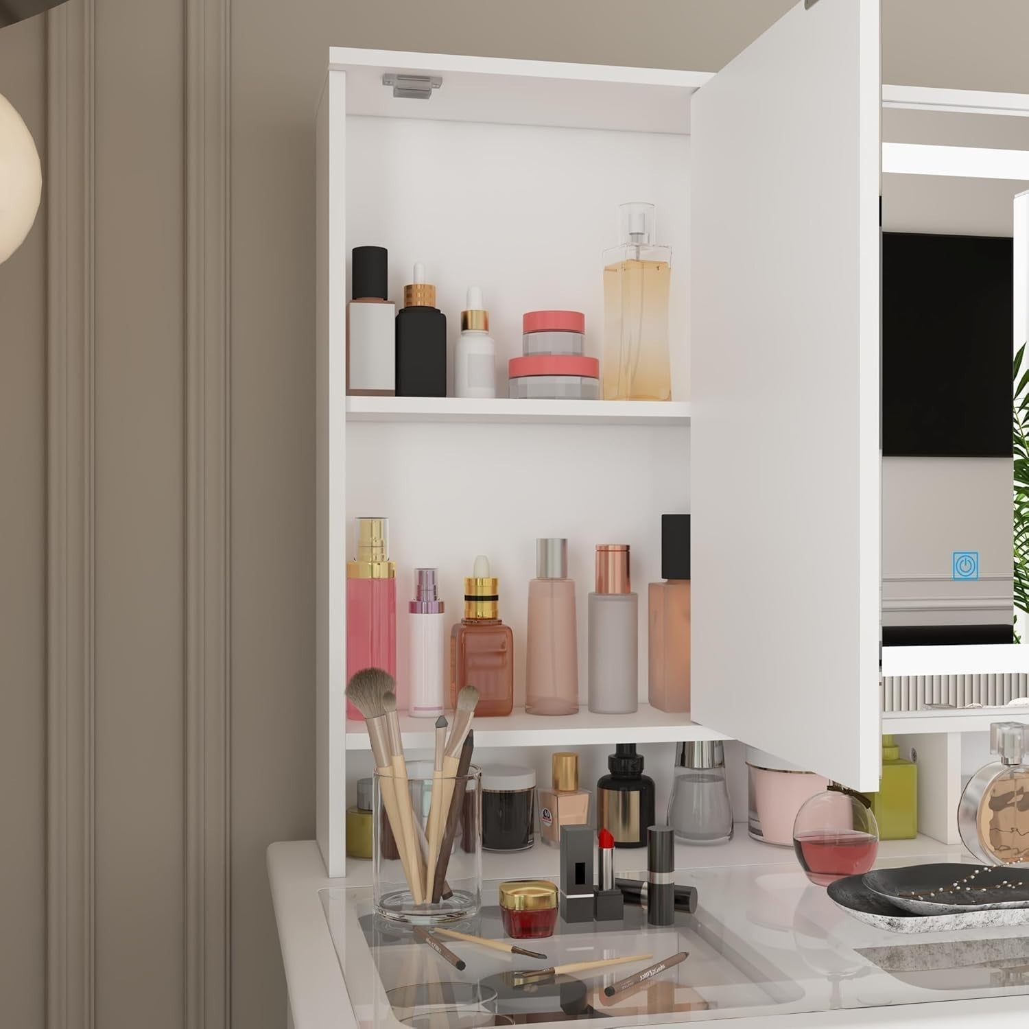 White Modern Vanity Desk Makeup Table LED Mirror 9 Drawers Glass Top Storage