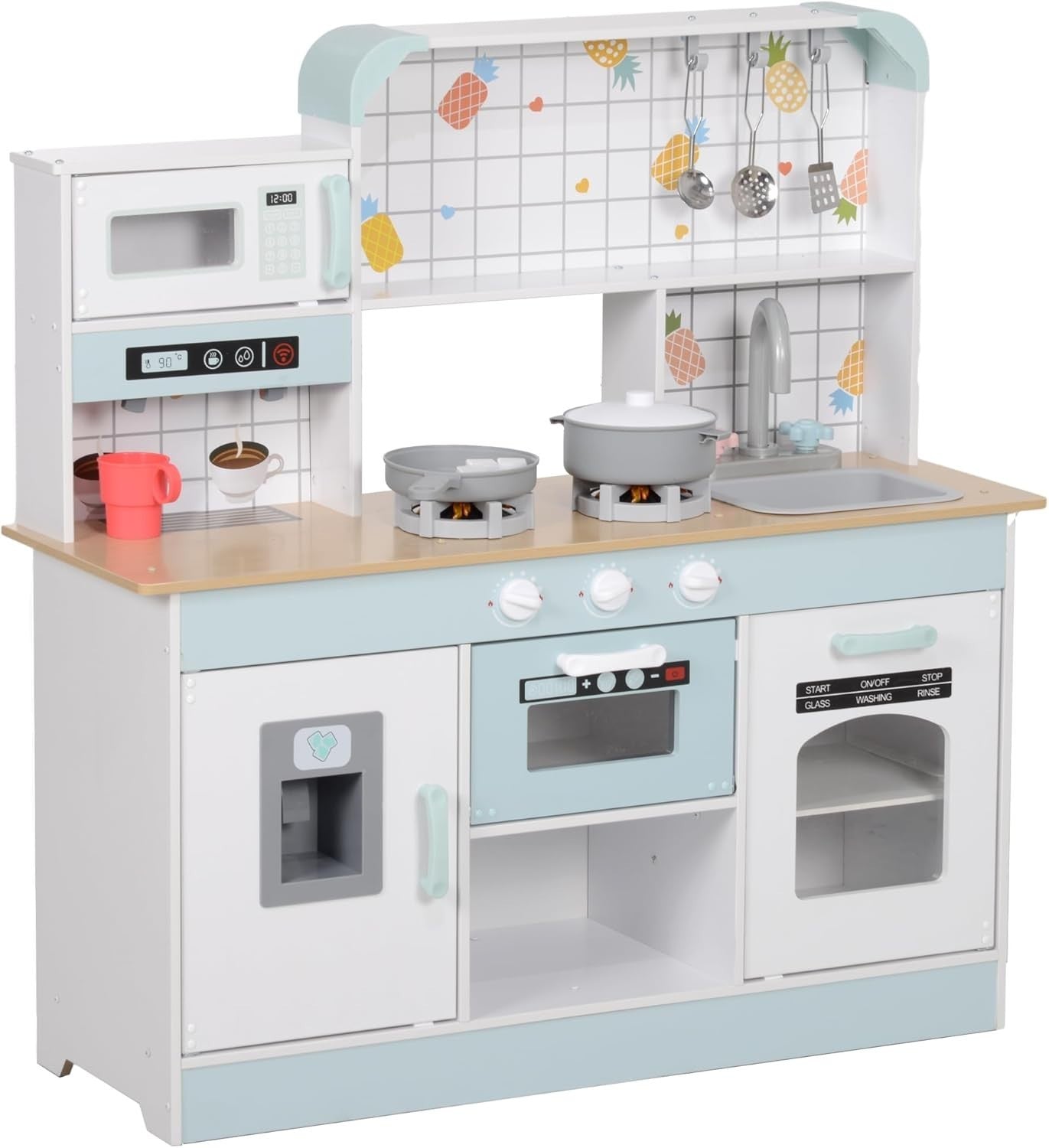 Kids Wooden Play Kitchen w/ Lights Sounds Coffee Maker White