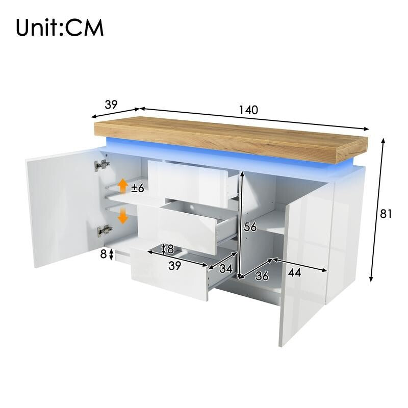 White High Gloss LED Sideboard Cabinet with Drawers & Storage Unit
