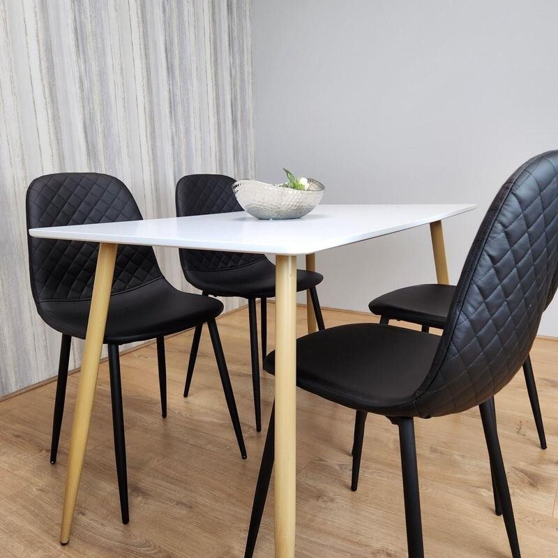White Dining Table Set with 4 Black Faux Leather Chairs, Modern Kitchen