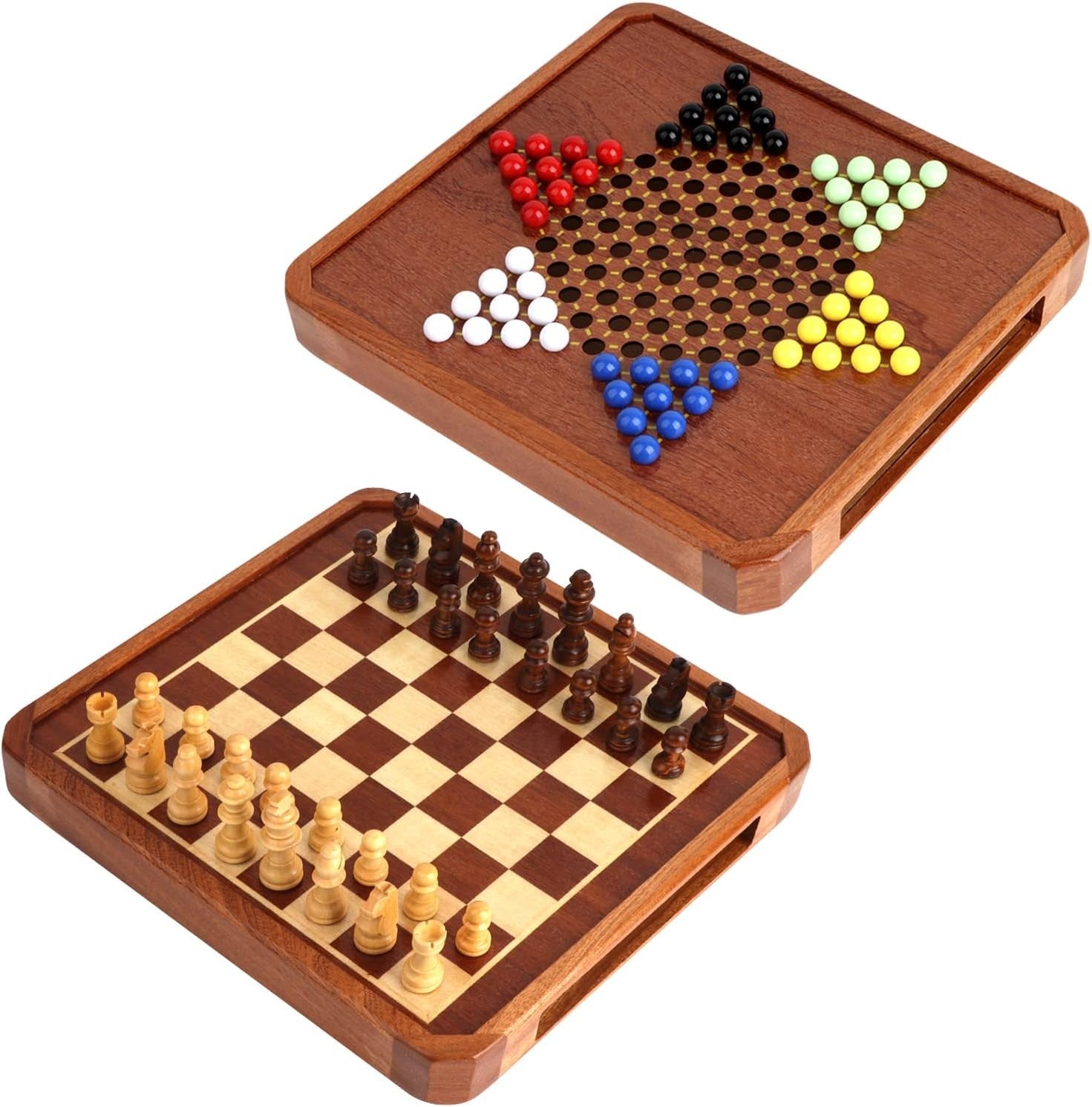 2-in-1 Wooden Magnetic Chess & Chinese Checkers Set with Storage Drawer