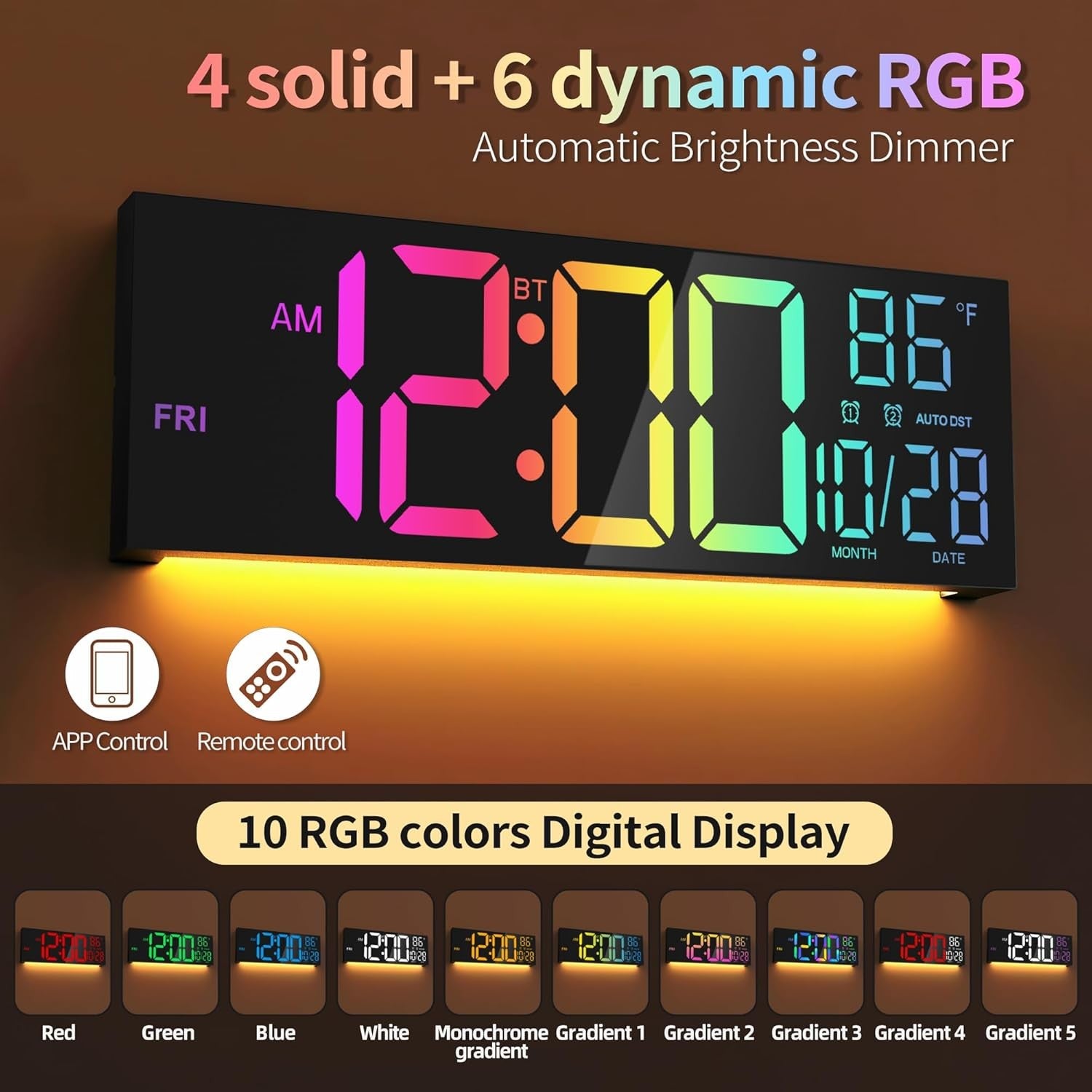 16.5" Large Digital Wall Clock RGB LED Display Temp Date Alarms Remote Sync