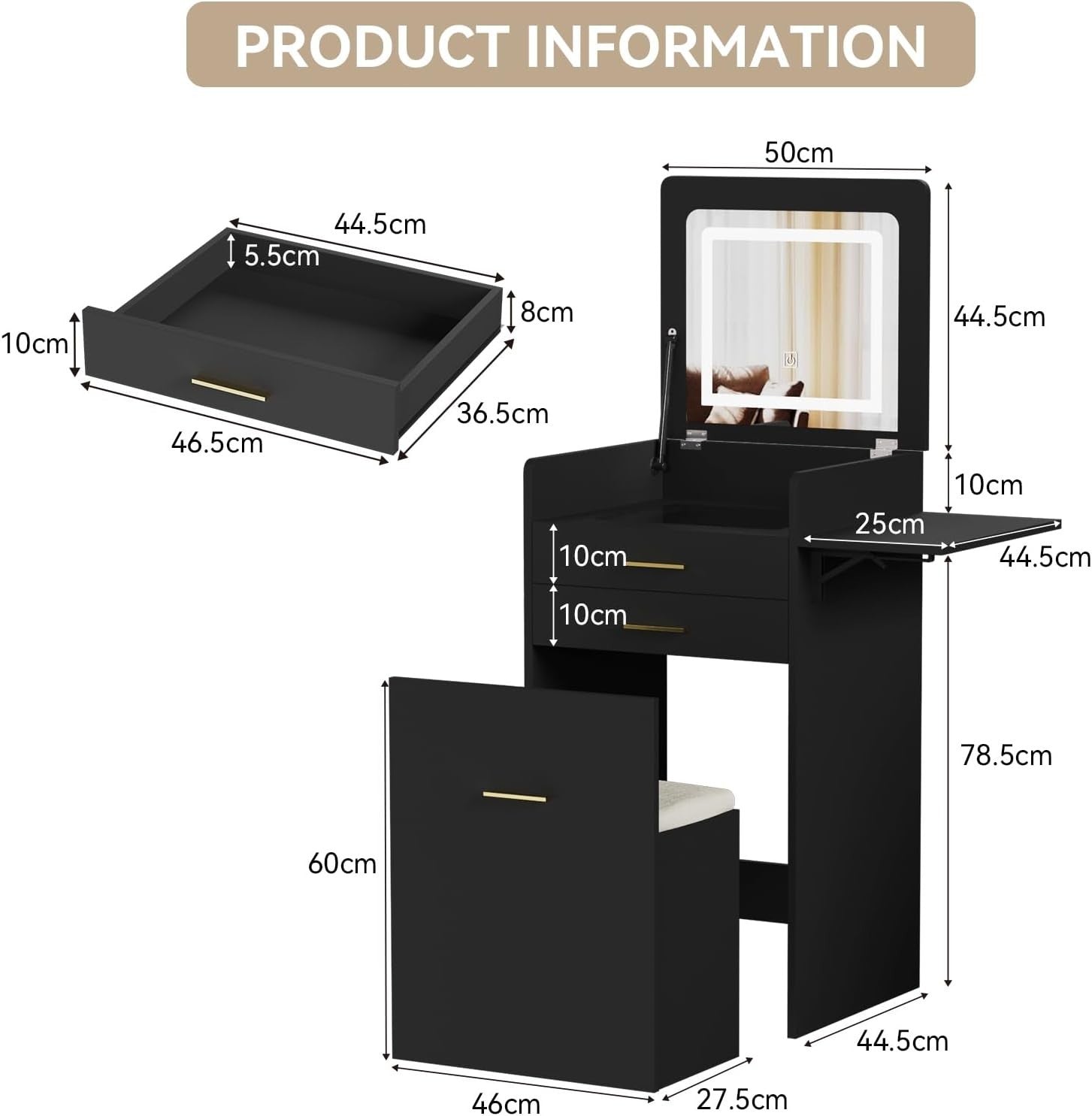 Black Foldable Vanity Desk w/ Lighted Mirror & Stool Small Space 2 Drawers