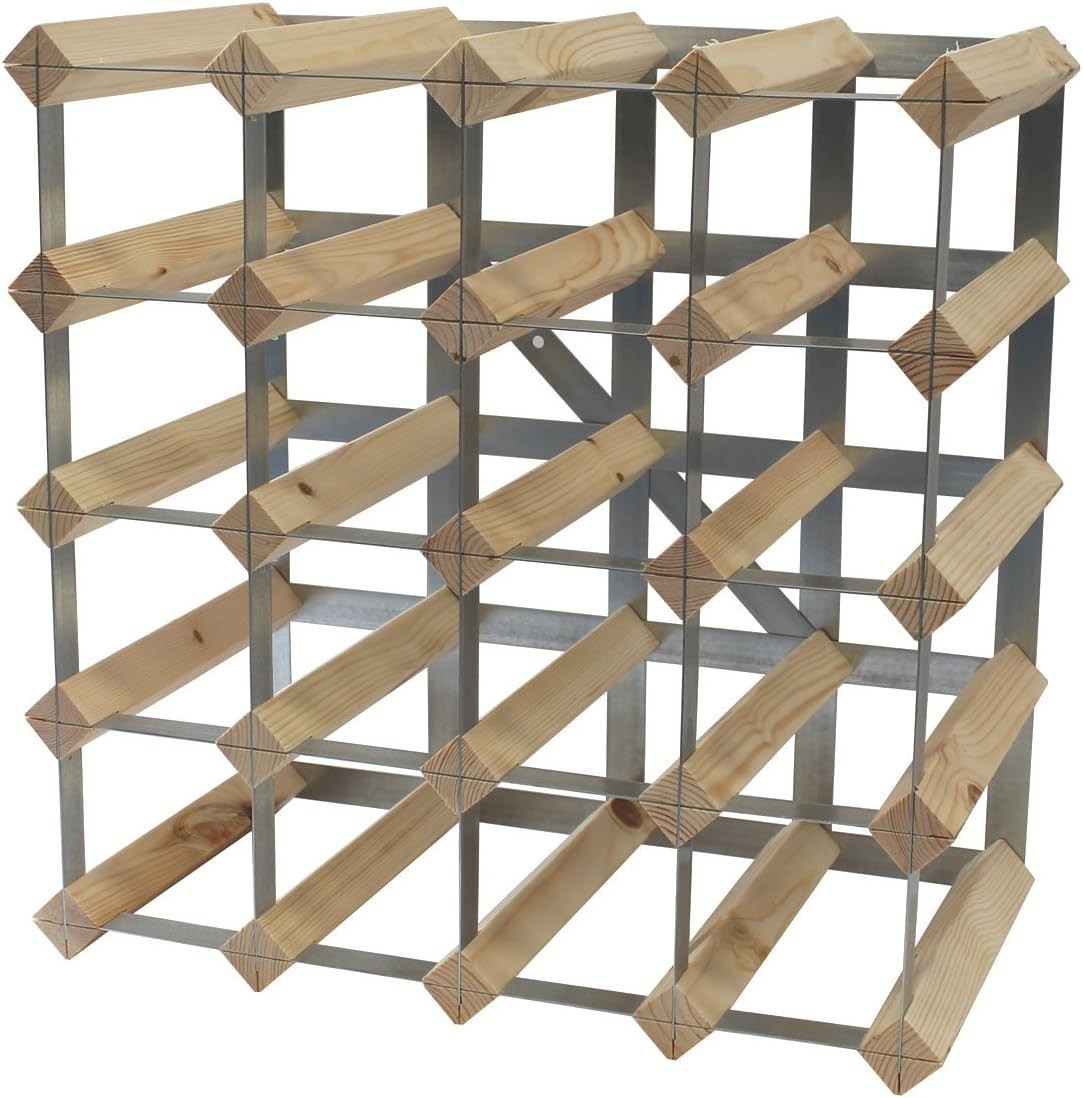 20 Bottle Wooden Wine Rack Freestanding Natural Pine & Steel Storage Shelf
