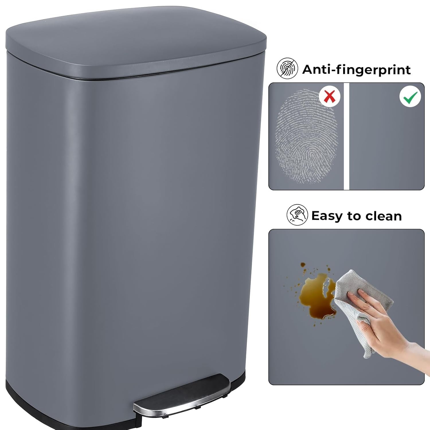 50L Stainless Steel Pedal Bin Soft Close Kitchen Waste Grey