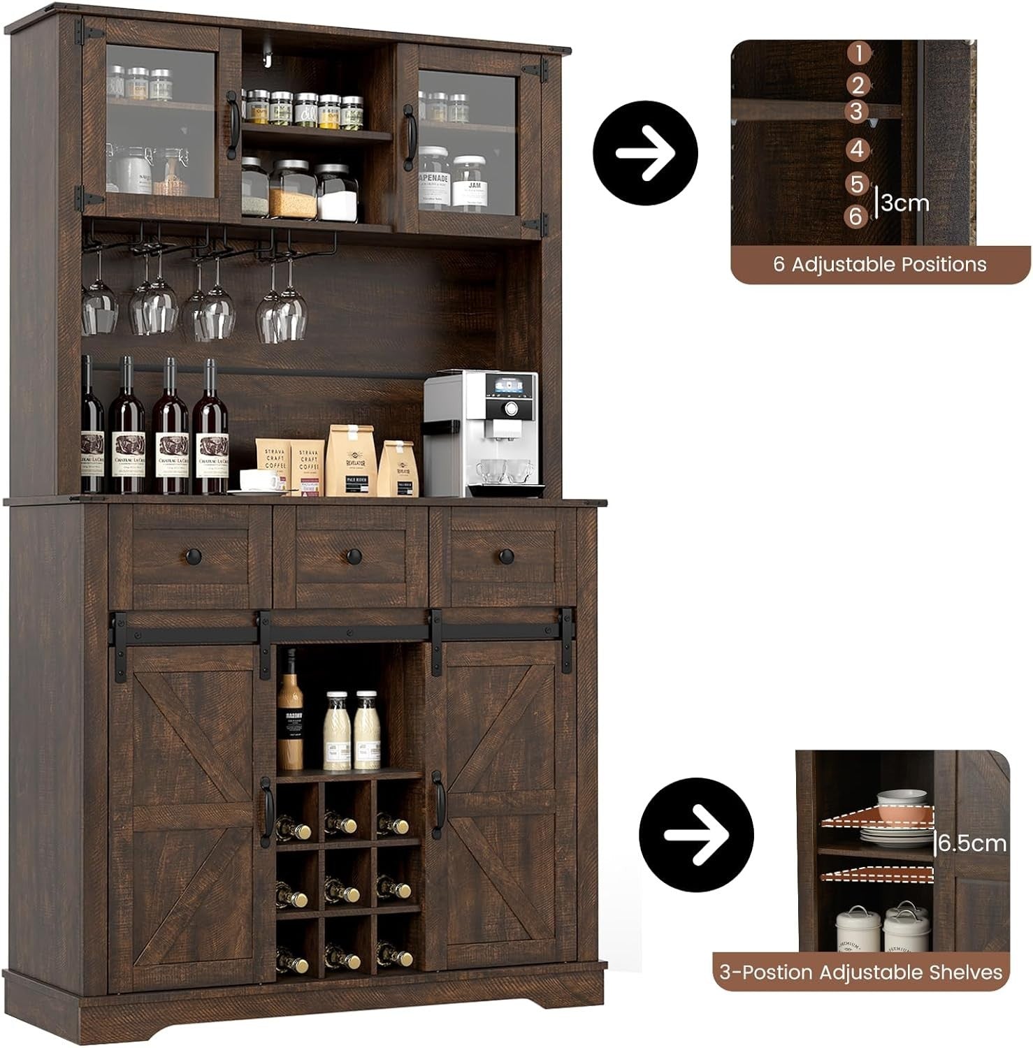 184cm Tall Kitchen Cupboard Brown | 4-Door Wine Rack Sideboard