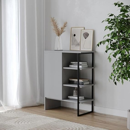 60cm Modern Steel & Wood Bedside Cabinet with Shelves, Compact Storage Unit