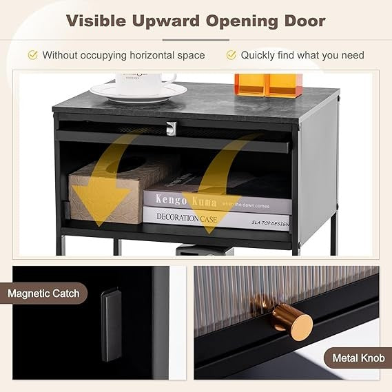 Modern Black Bedside Table with Flip-Up Door & Storage Shelf | Metal Frame