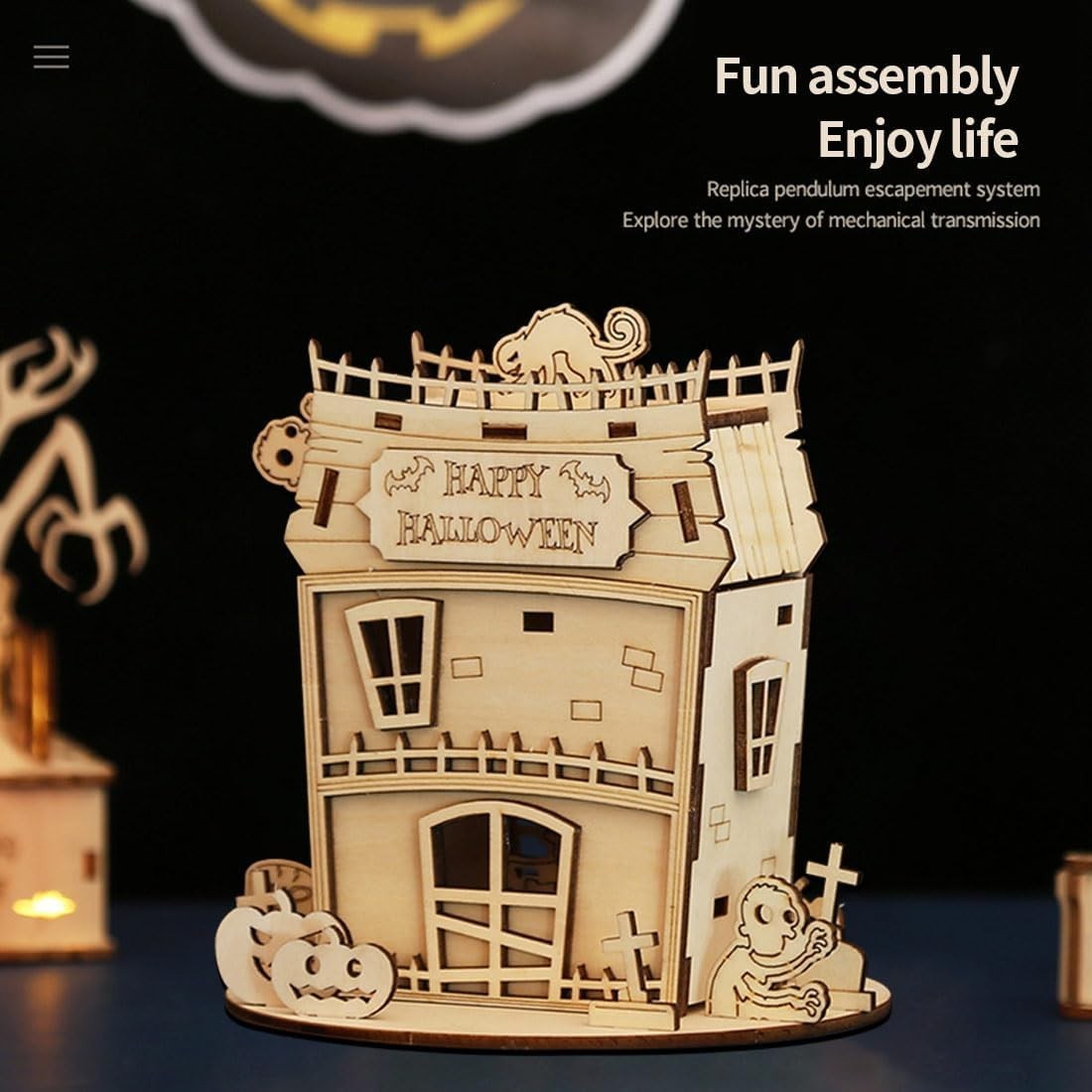 3D Wooden Halloween Puzzle House Kit | DIY Bamboo Model, Fun & Creative
