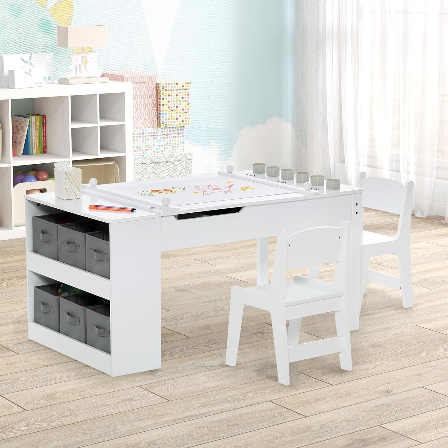 Kids Art Table & 2 Chairs Set with Storage, Paper Roll, 6 Paint Cups 109cm