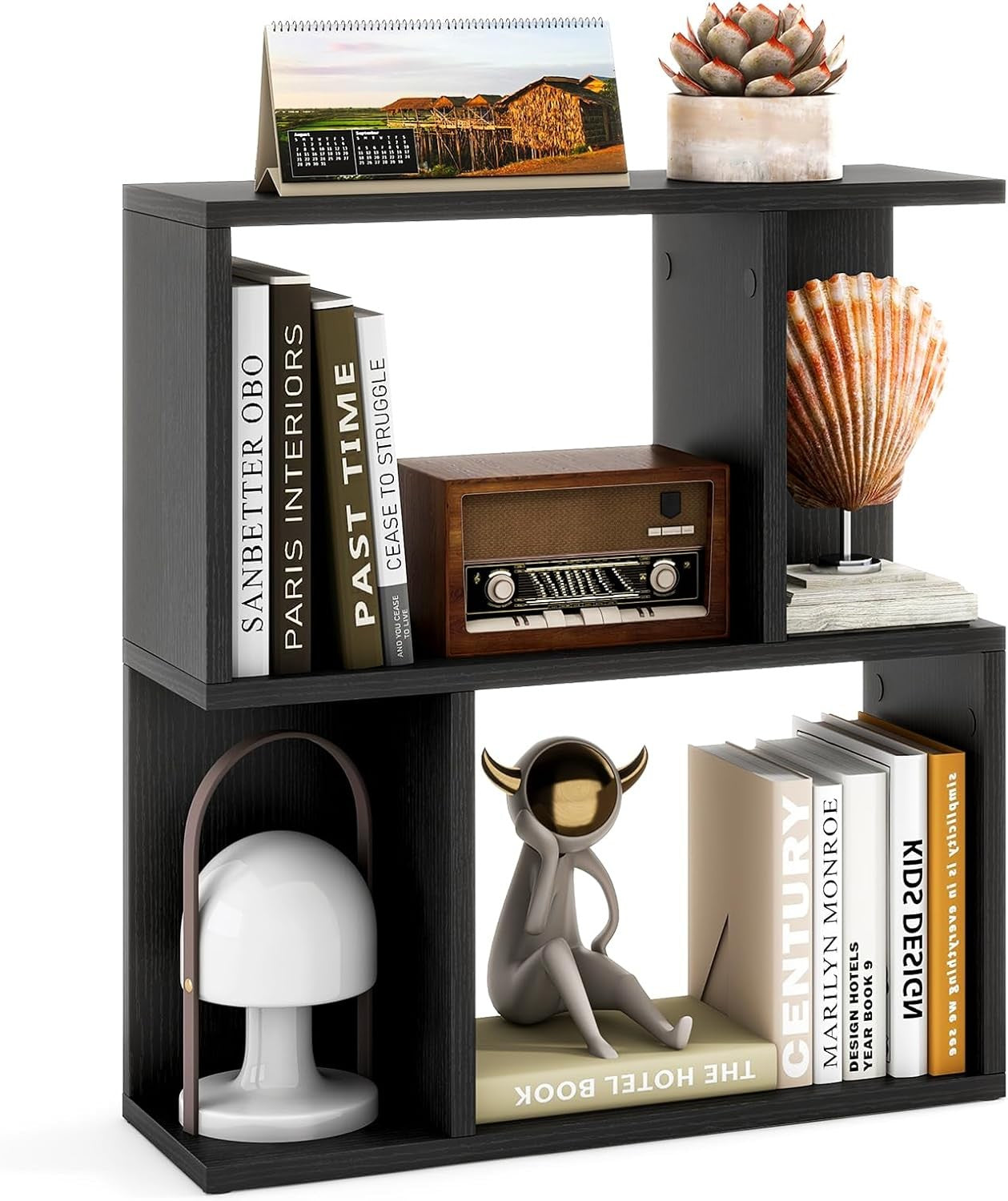 Black S-Shaped 3 Tier Bookcase Small Freestanding Display Shelf 50×18×56cm