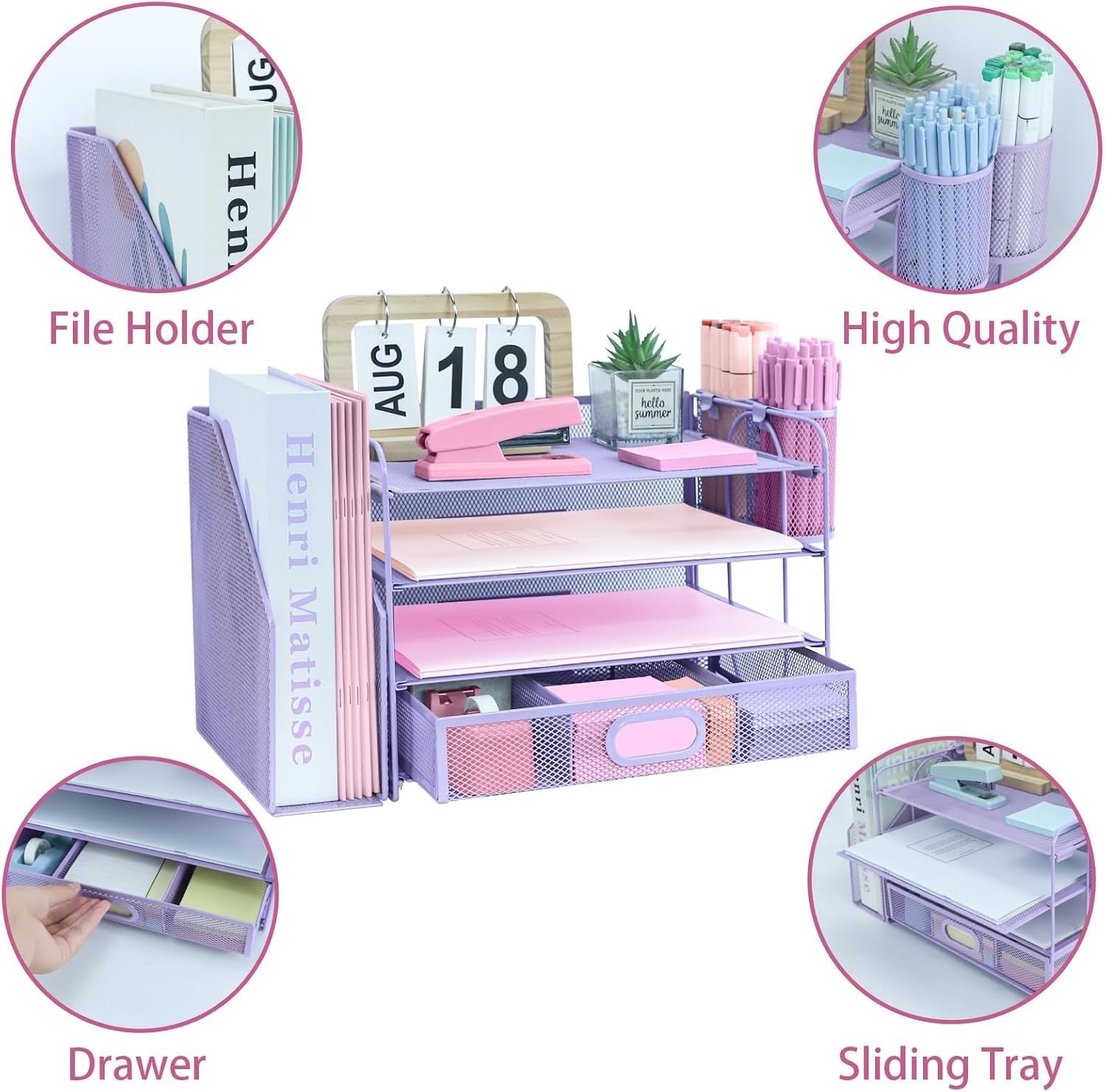 4-Tier Desk Organizer with Drawer & Pen Holders – Metal Desktop Storage