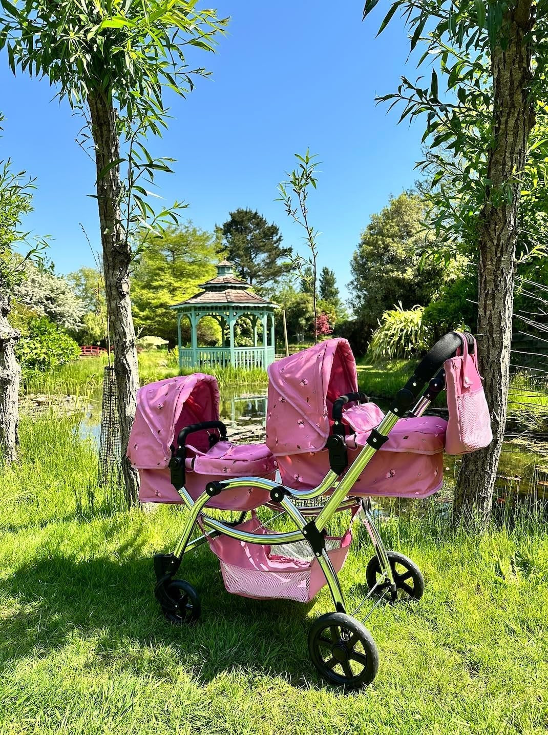 Twin Dolls Pram Pink Adjustable Handle Lightweight Double Buggy for Kids