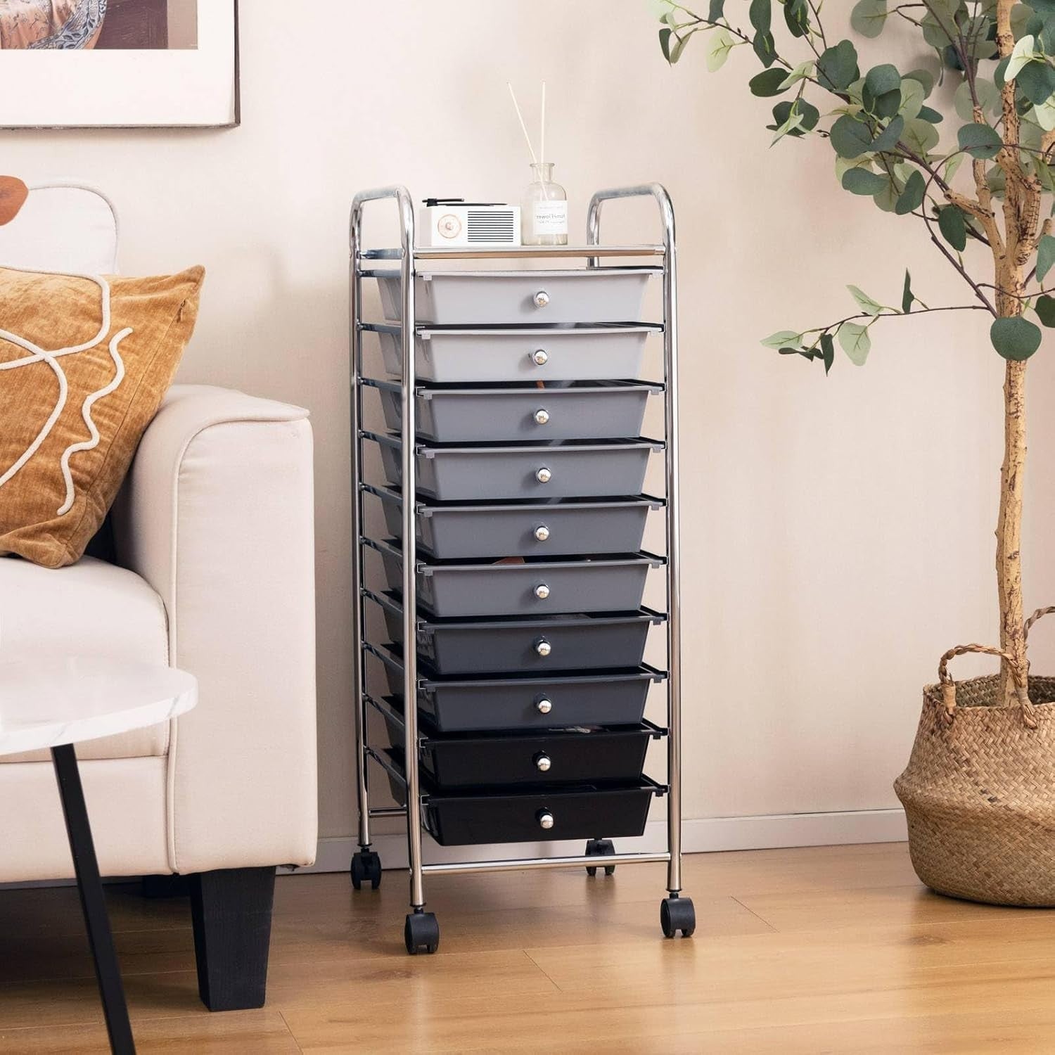 Gradient Black 10 Drawer Rolling Storage Trolley Salon Organizer Cart