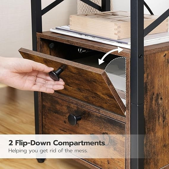 Rustic Charging Bedside Table with USB Ports, 2 Drawers, Small Space Nightstand