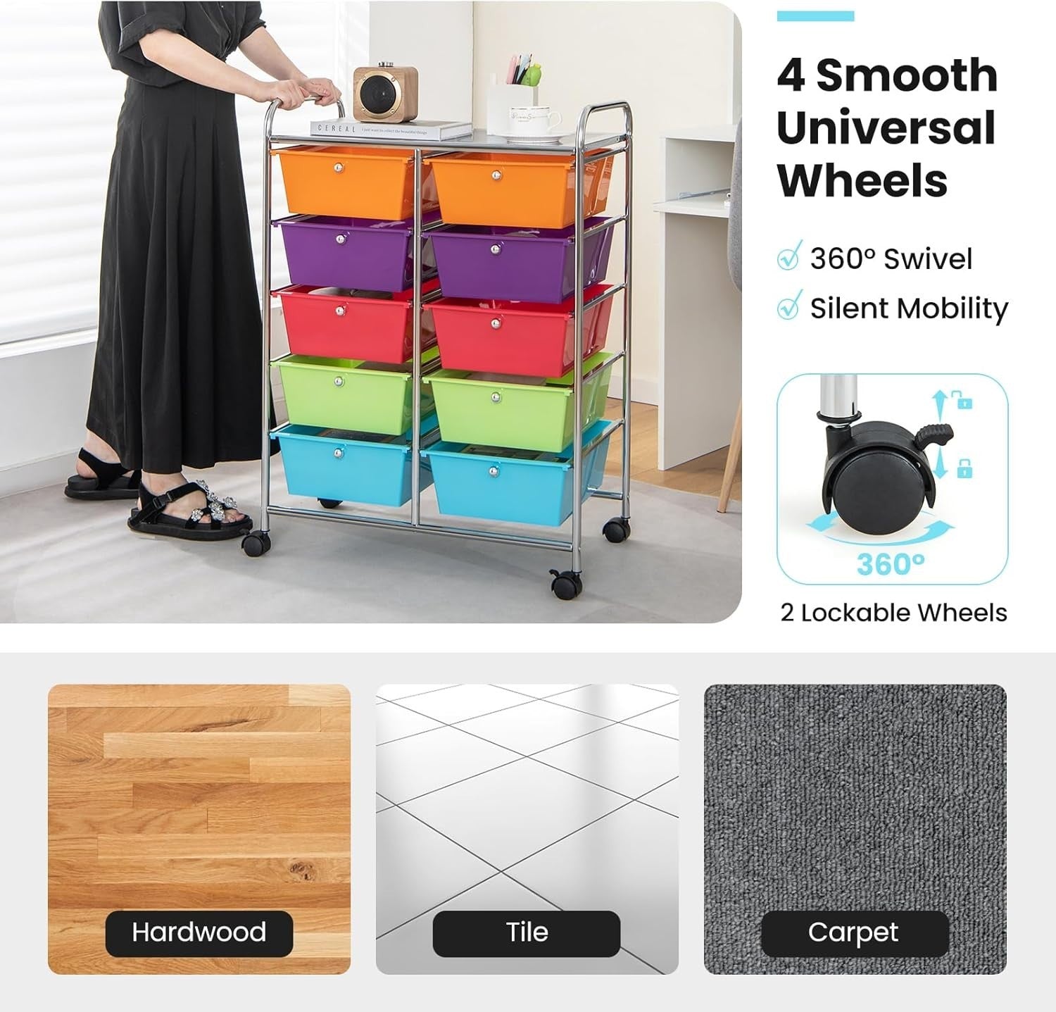 10 Drawer Rolling Storage Cart Utility Organizer Trolley Lockable Wheels