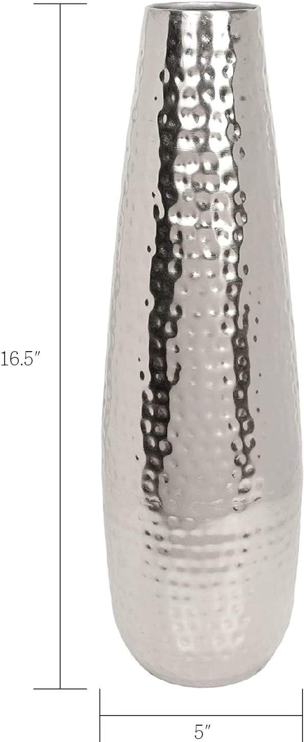 16.5 Inch Silver Metal Floor Vase Hammered Tall Teardrop Home Decor