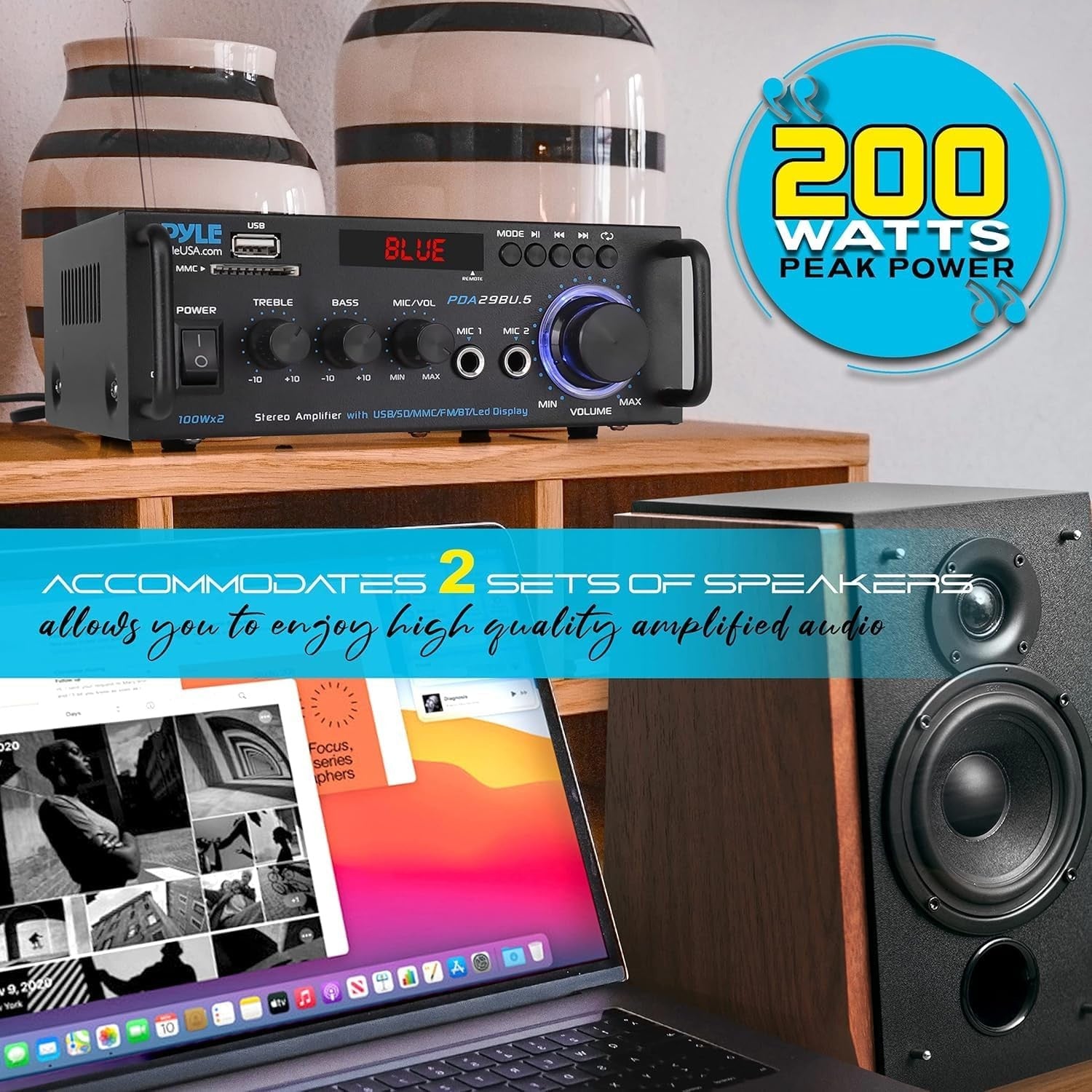 200W Bluetooth Stereo Amplifier Dual Channel HiFi Receiver USB FM