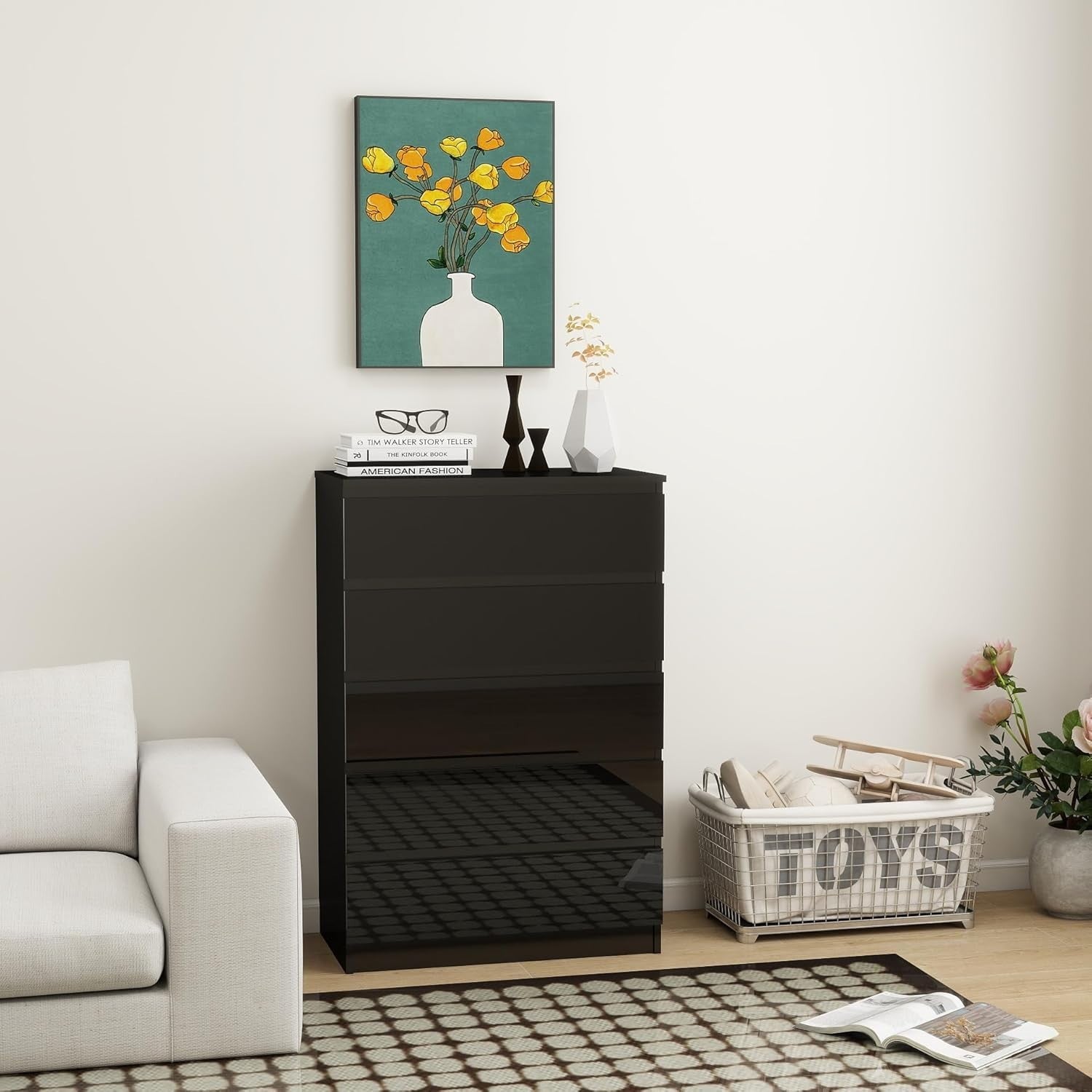 High Gloss 5-Drawer Wooden Dresser Chest Bedside Storage Organizer Black
