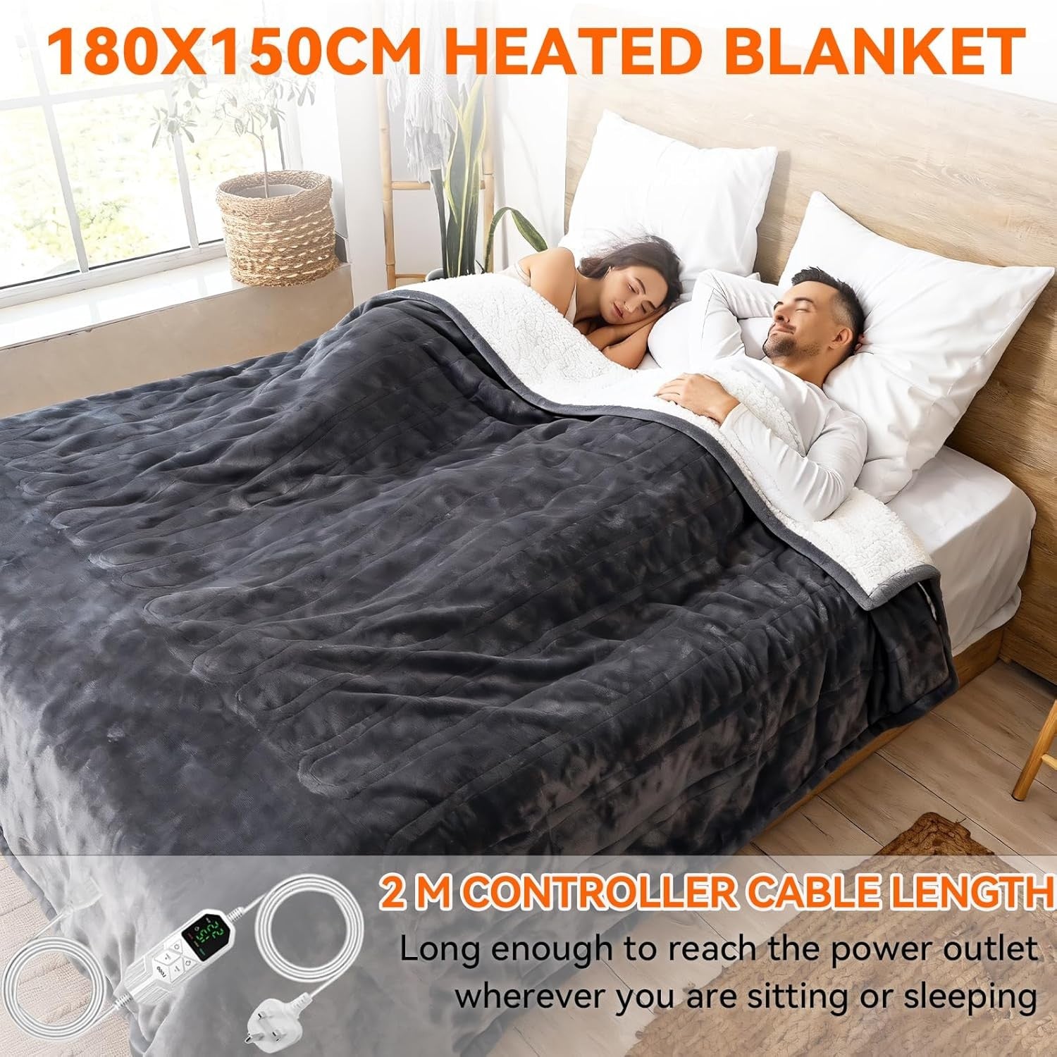Electric Heated Throw Blanket 180x150cm Dark Grey Fast Heat Auto Shut Off