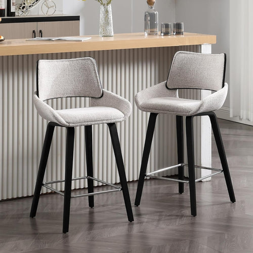Modern Grey Bar Stools Set of 2 | Chenille Seat, Solid Wood Frame