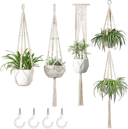 Boho Macrame Plant Hangers Set of 4 – Indoor Outdoor Cotton Pots