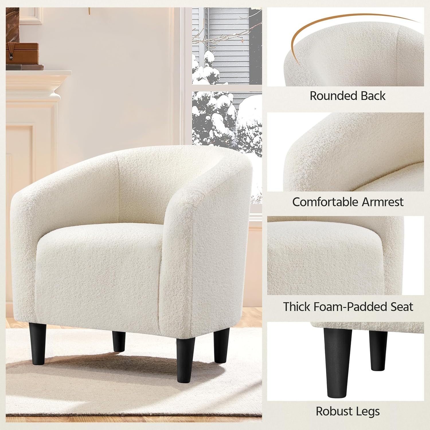 Ivory Boucle Tub Chair | Cozy Accent Armchair for Living Room & Office