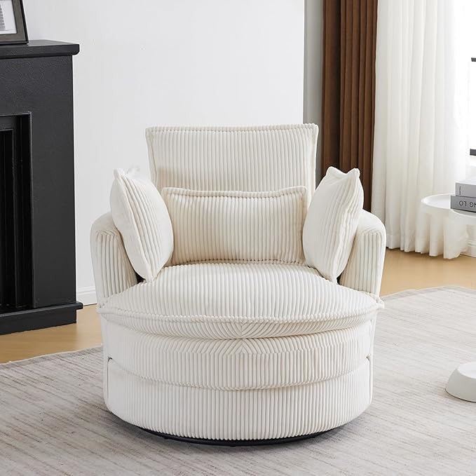 White Swivel Barrel Accent Chair 360° Rotating Cuddle Tub Armchair