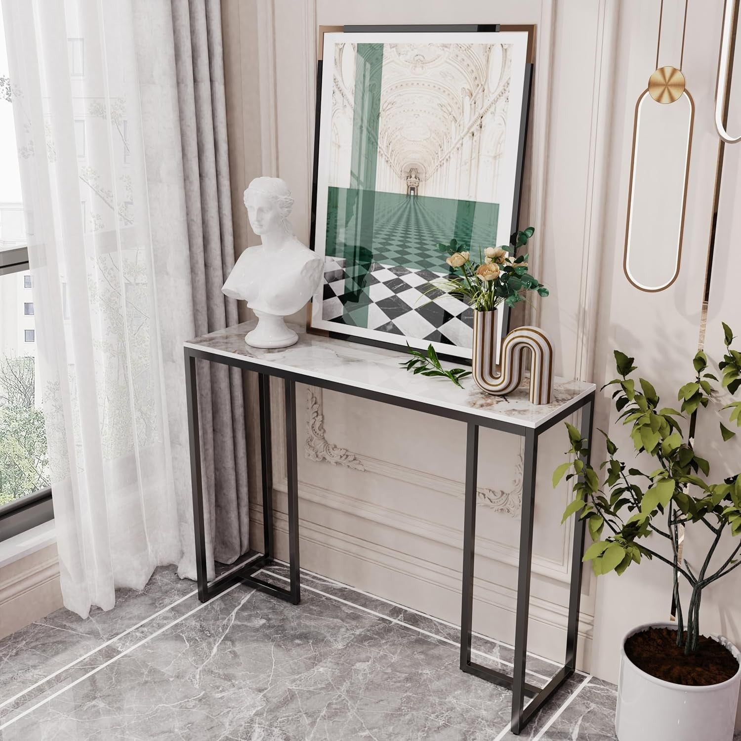 Marble Console Table Narrow Hallway Desk 100x30cm Modern Entryway Sofa