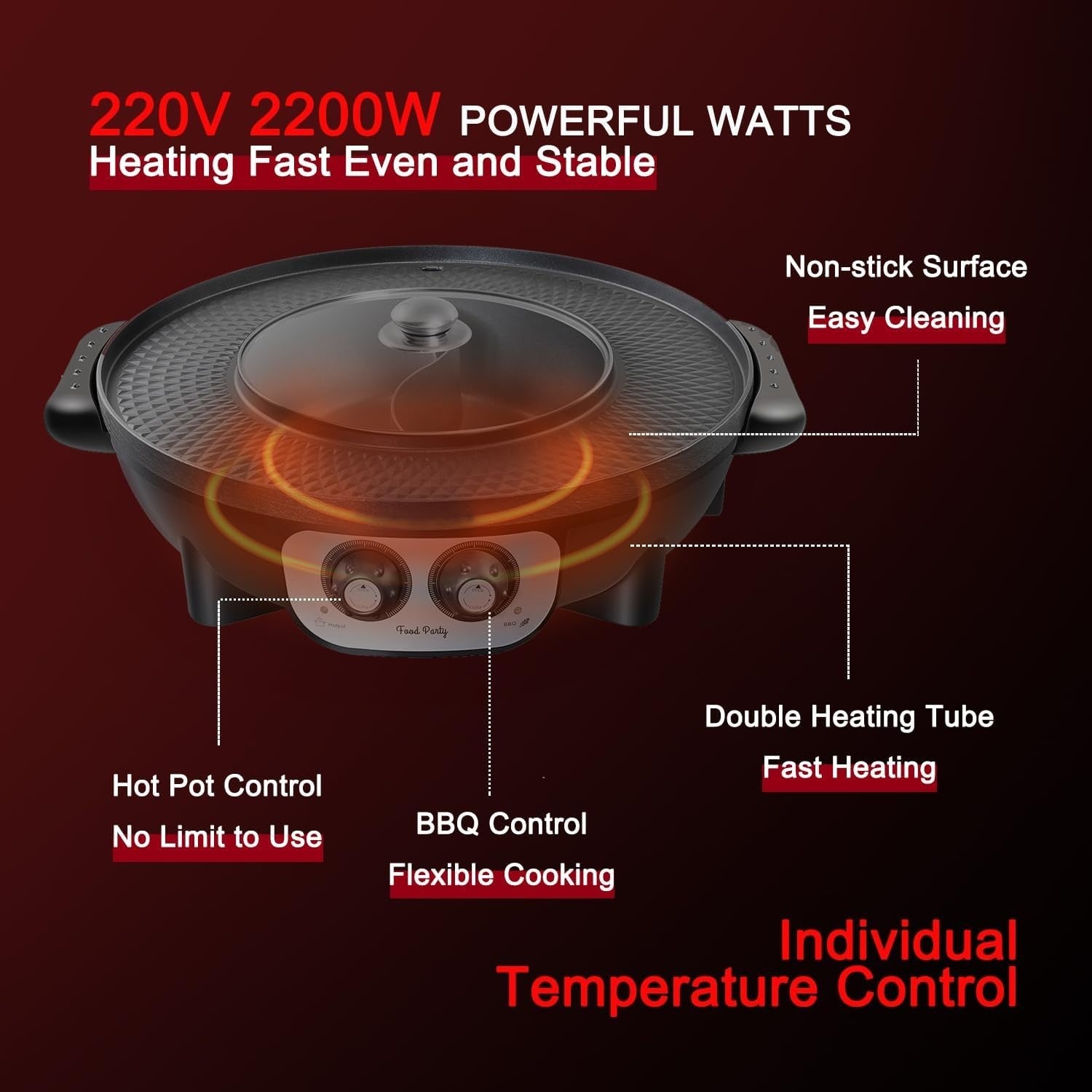 Electric Hot Pot BBQ Grill 2-in-1 2200W | Dual Control Shabu Shabu Cooker 50cm