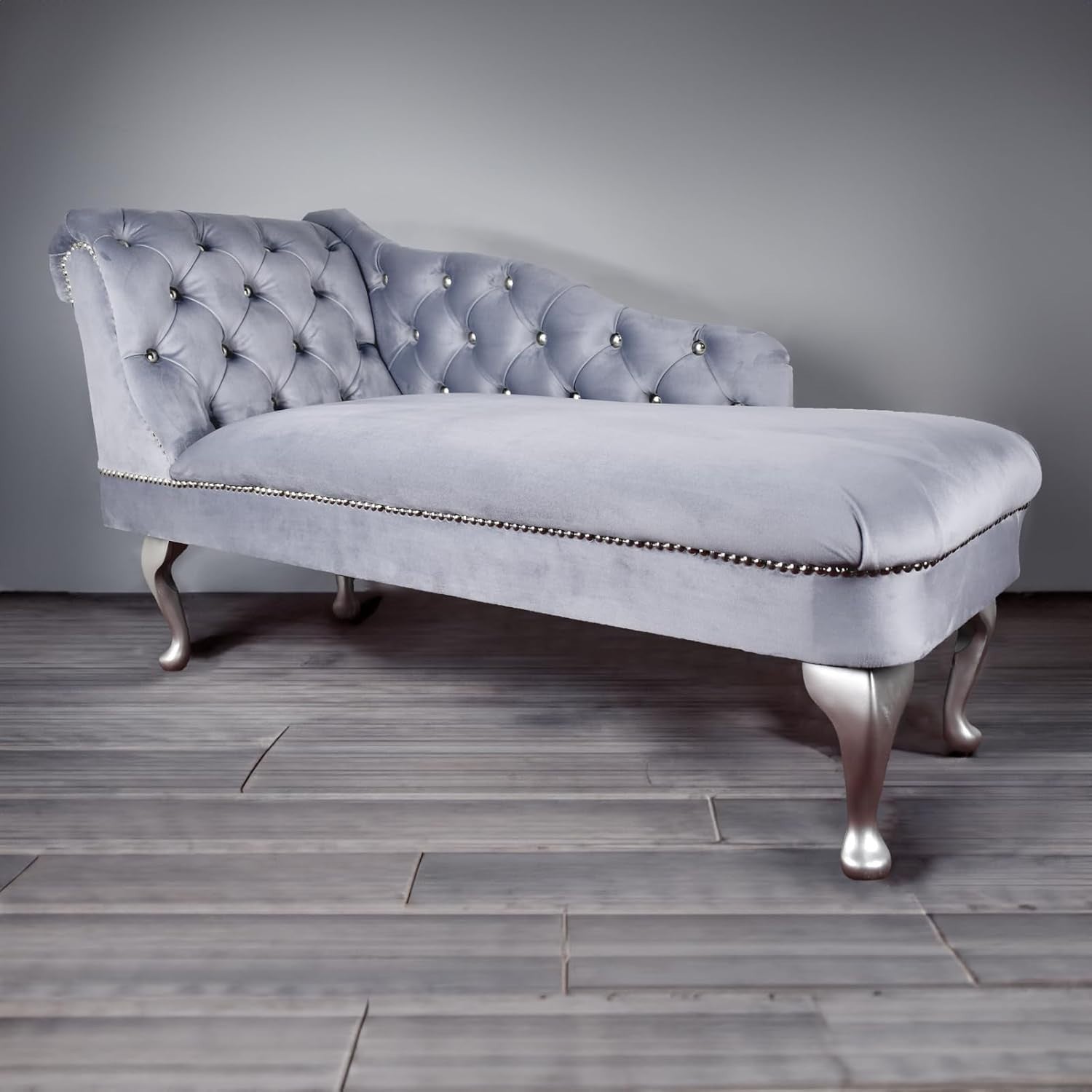 Tufted Platinum Velvet Chaise Lounge Sofa Left Hand – Handmade, Compact &Elegant