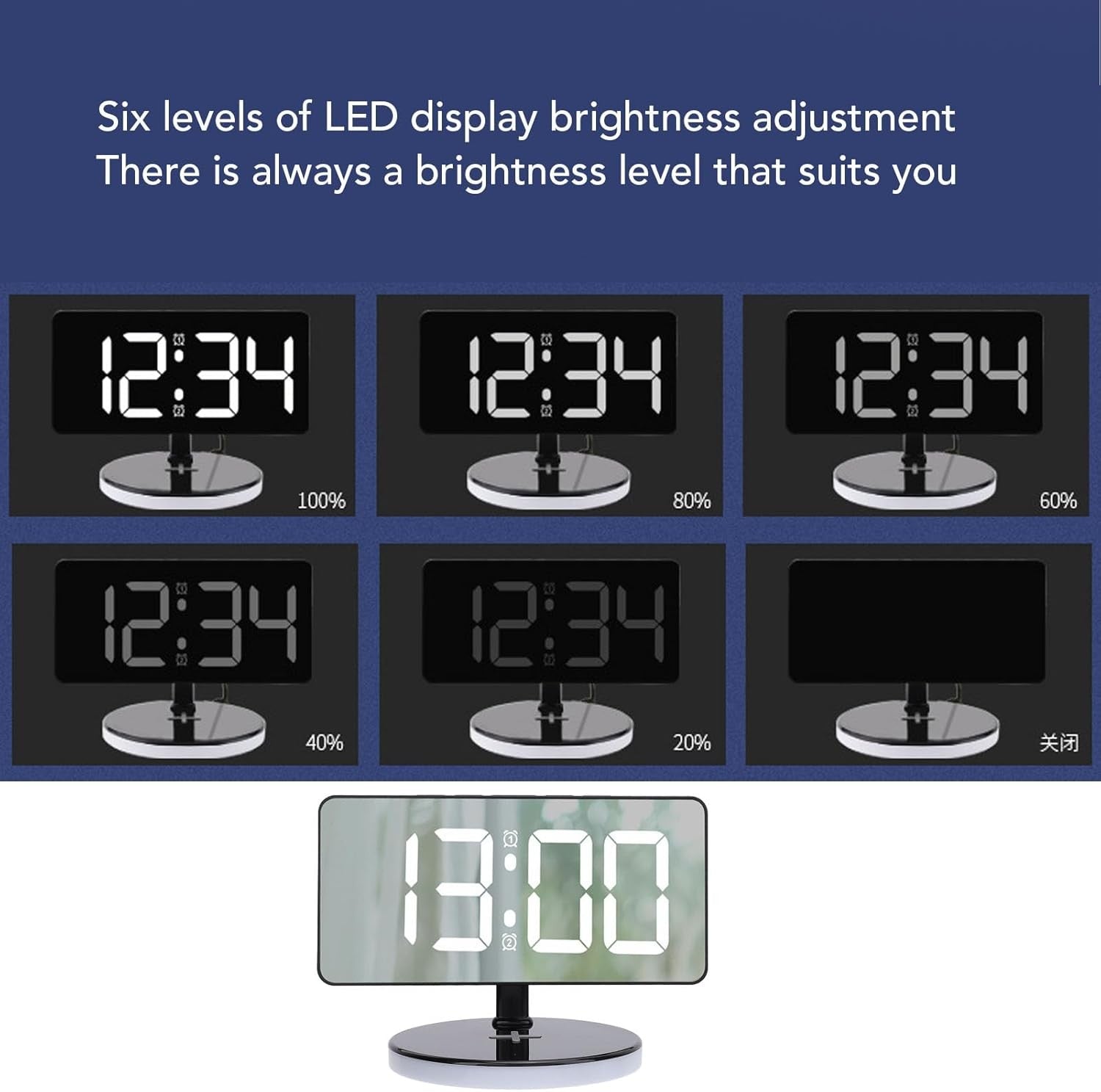 Large LED Mirror Digital Alarm Clock RGB Night Light USB-C Dual Alarm Silent