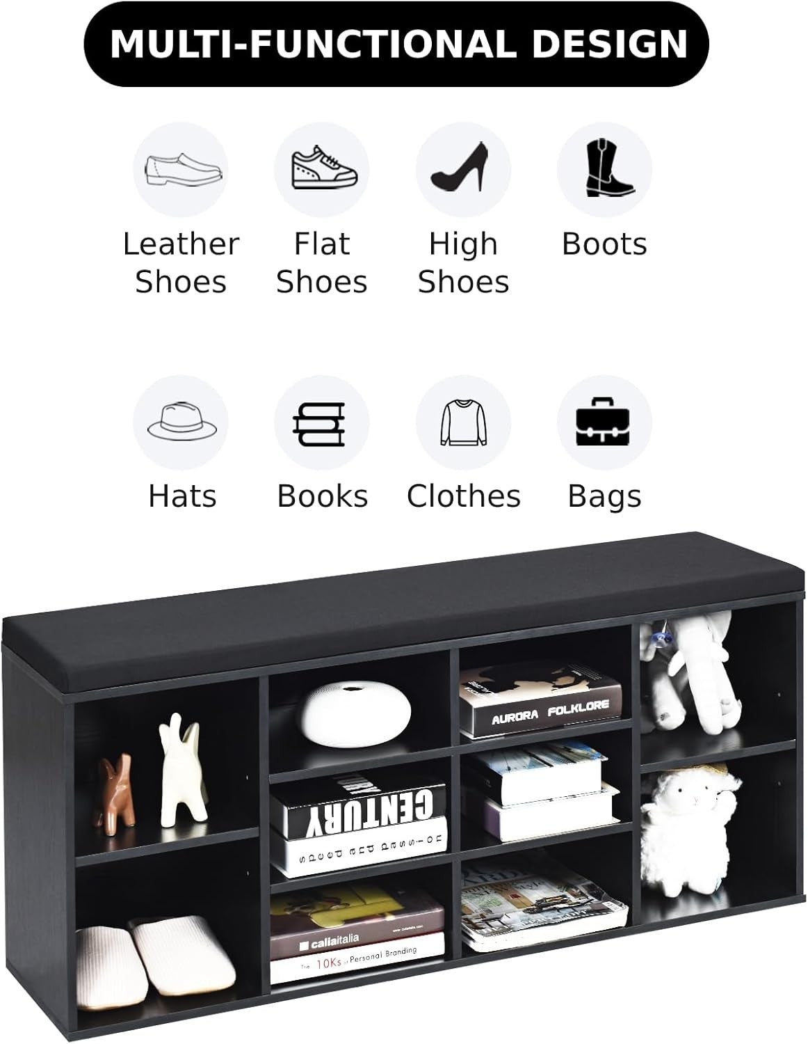 Black Shoe Bench with Cushion 10-Compartment Storage Rack Adjustable Shelves