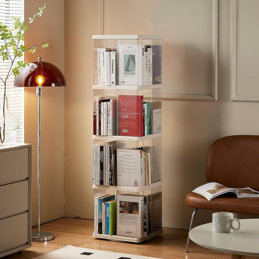360° Rotating Plastic Bookshelf 4-Tier Floor Standing Corner Shelf White